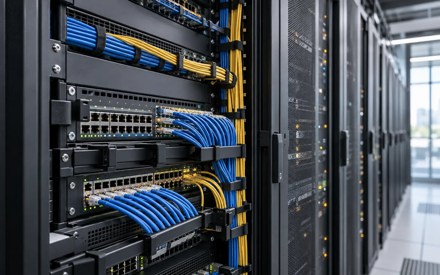 Orderly business network cabinet with managed switches and structured cabling